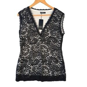 Black Floral Lace V-Neck Sleeveless Blouse XL Lined Dressy Top NWT